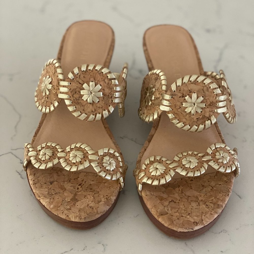 Jack Rogers Lauren Cork and Gold Mid Wedge Sandal 7 M